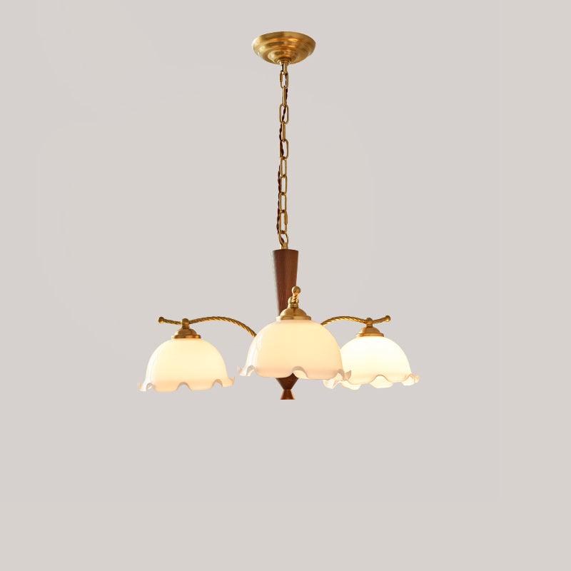 Modern Floral Glass Chandelier with Brass and Walnut Wood Finish