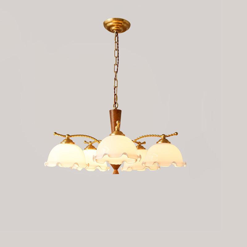 Modern Floral Glass Chandelier with Brass and Walnut Wood Finish