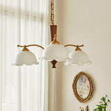 Modern Floral Glass Chandelier with Brass and Walnut Wood Finish