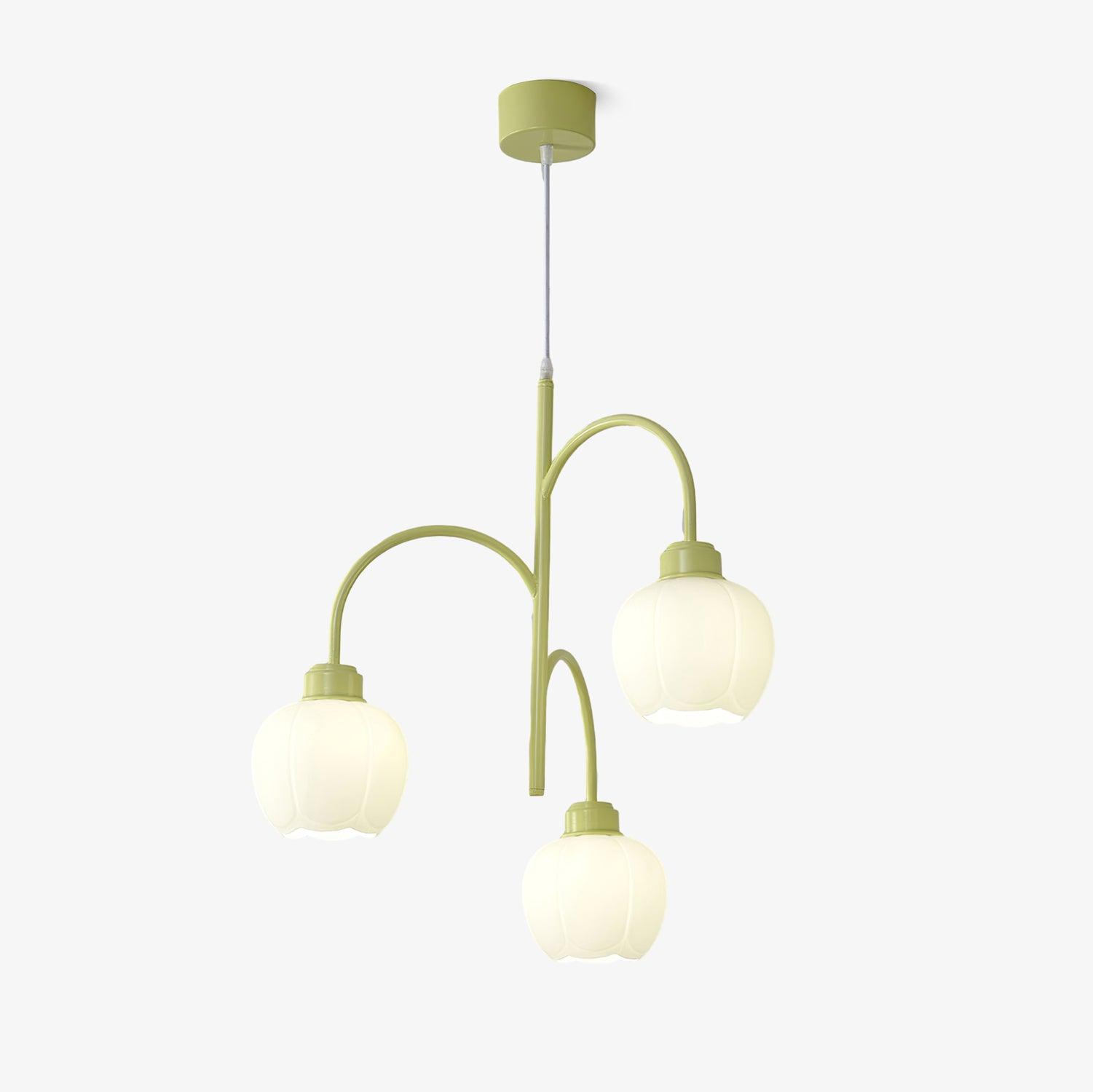 Modern Floral Glass Chandelier with White Petal Shades and Green Metal Finish