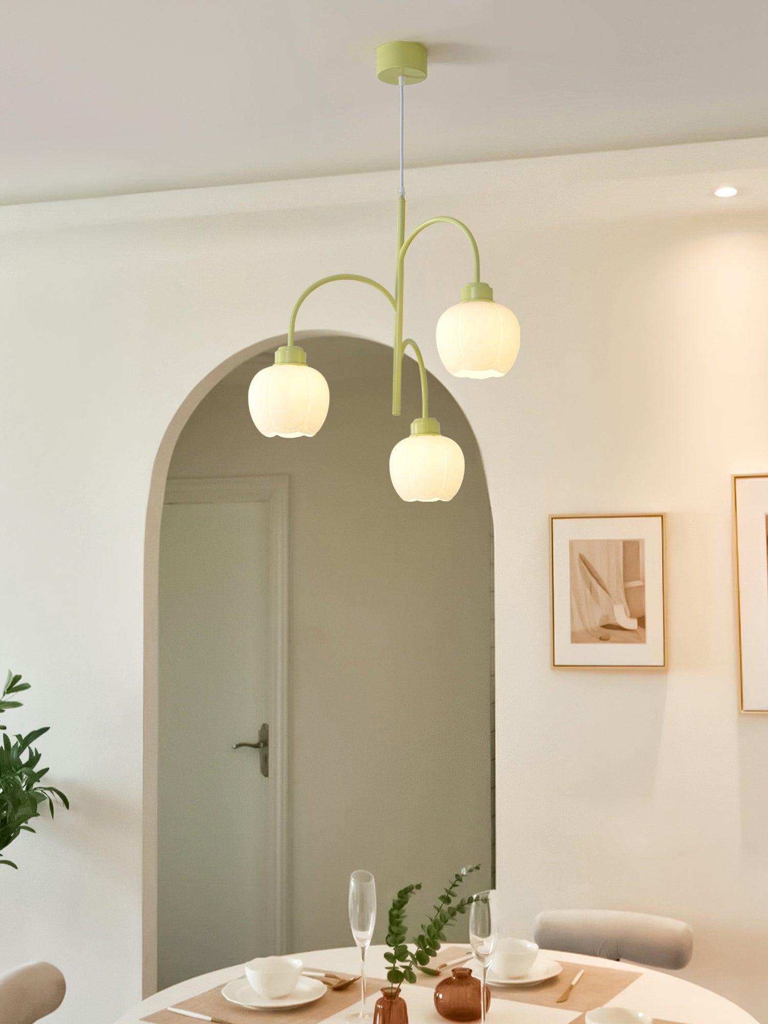 Modern Floral Glass Chandelier with White Petal Shades and Green Metal Finish