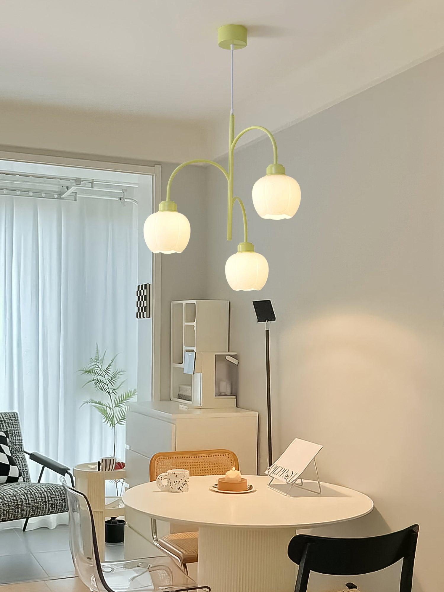 Modern Floral Glass Chandelier with White Petal Shades and Green Metal Finish