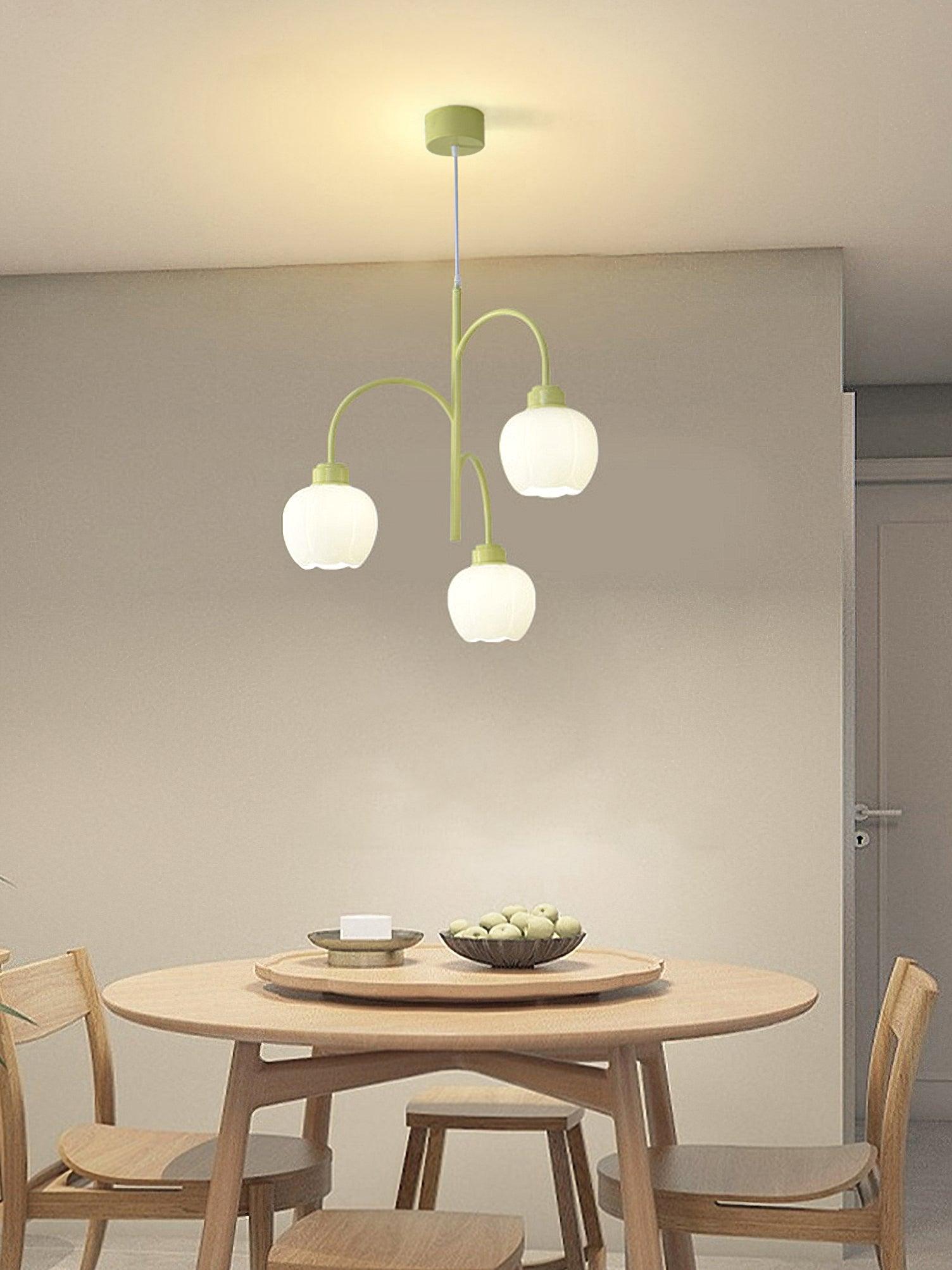 Modern Floral Glass Chandelier with White Petal Shades and Green Metal Finish