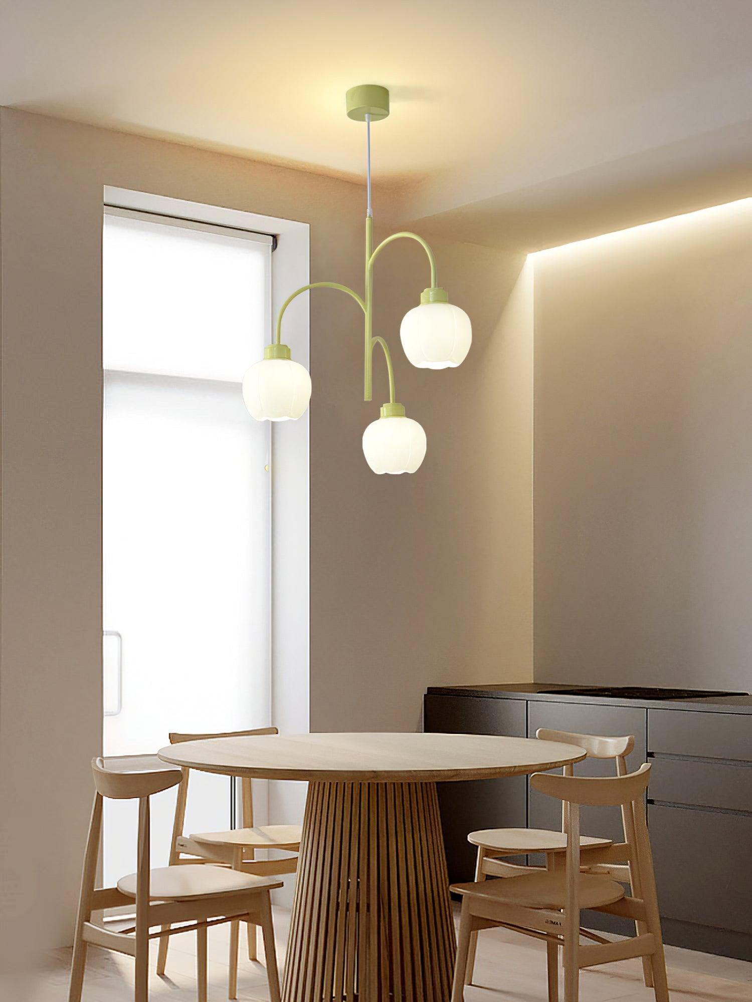 Modern Floral Glass Chandelier with White Petal Shades and Green Metal Finish