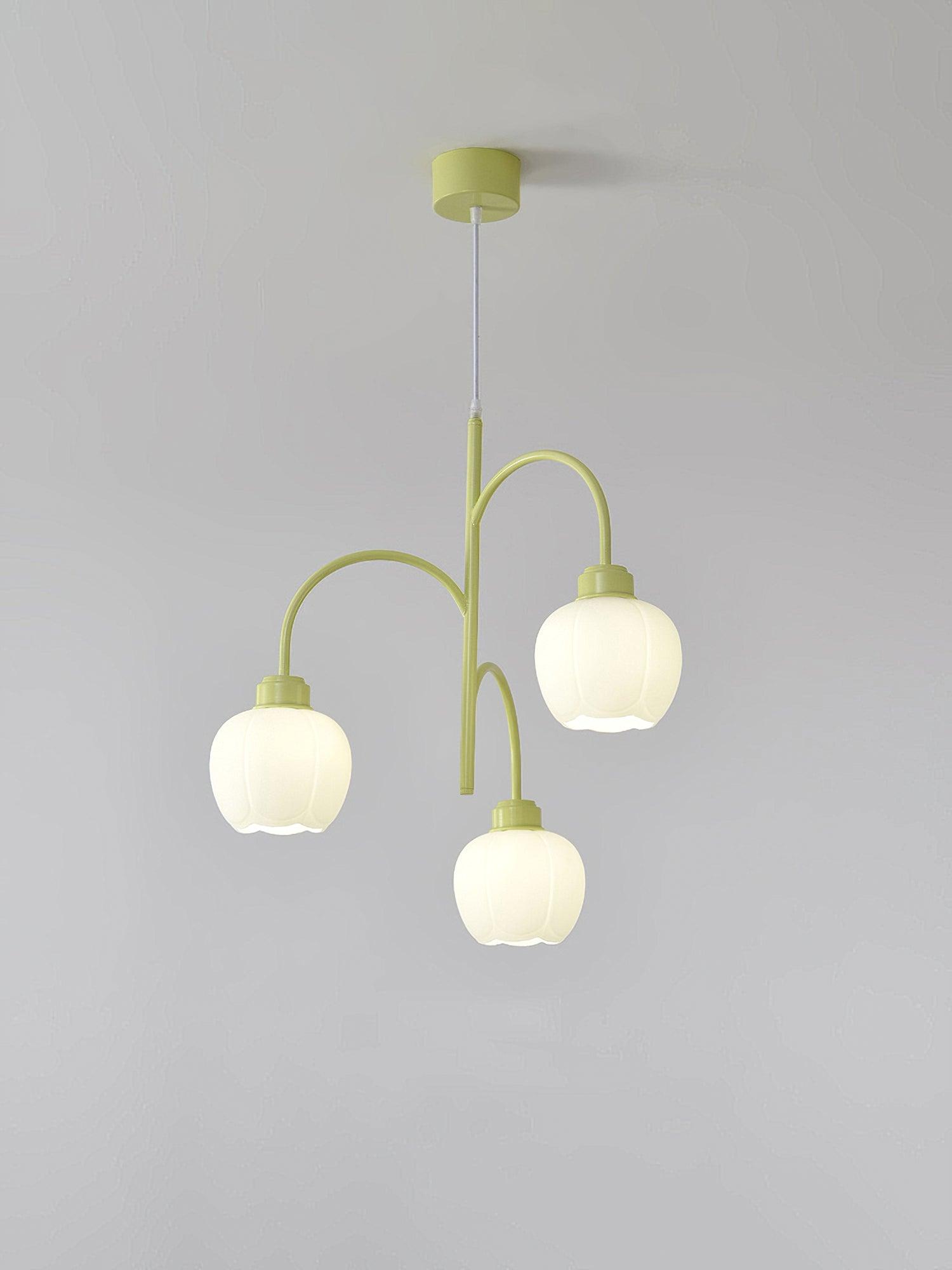 Modern Floral Glass Chandelier with White Petal Shades and Green Metal Finish