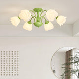 modern-floral-rose-petal-flush-mount-ceiling-light-with-white-flower-shades-and-green-finish
