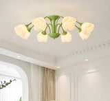 modern-floral-rose-petal-flush-mount-ceiling-light-with-white-flower-shades-and-green-finish