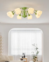 modern-floral-rose-petal-flush-mount-ceiling-light-with-white-flower-shades-and-green-finish