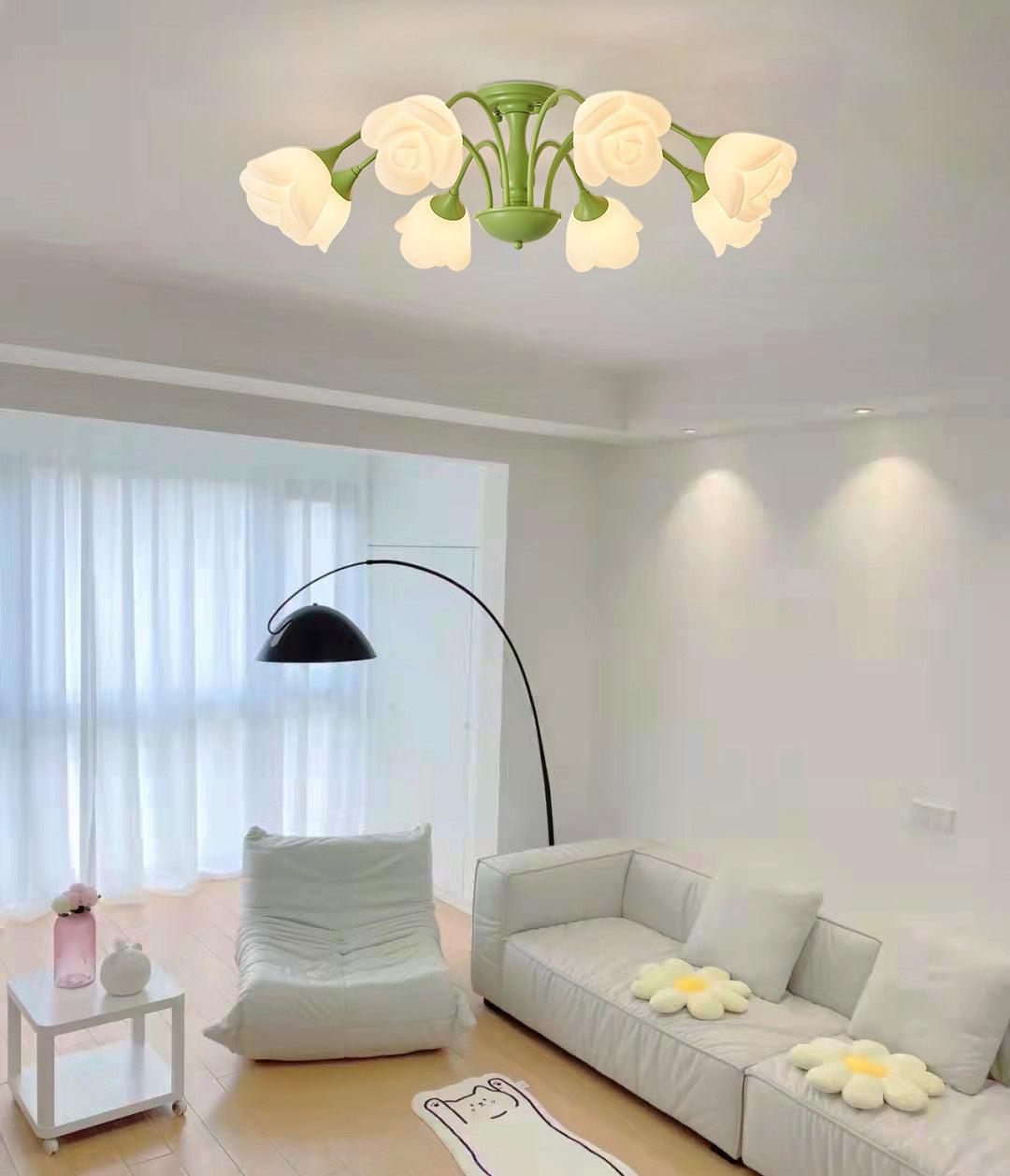 modern-floral-rose-petal-flush-mount-ceiling-light-with-white-flower-shades-and-green-finish