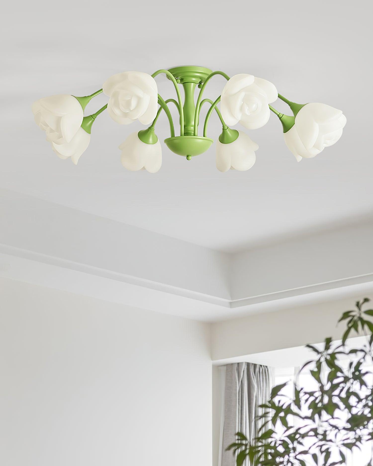 modern-floral-rose-petal-flush-mount-ceiling-light-with-white-flower-shades-and-green-finish
