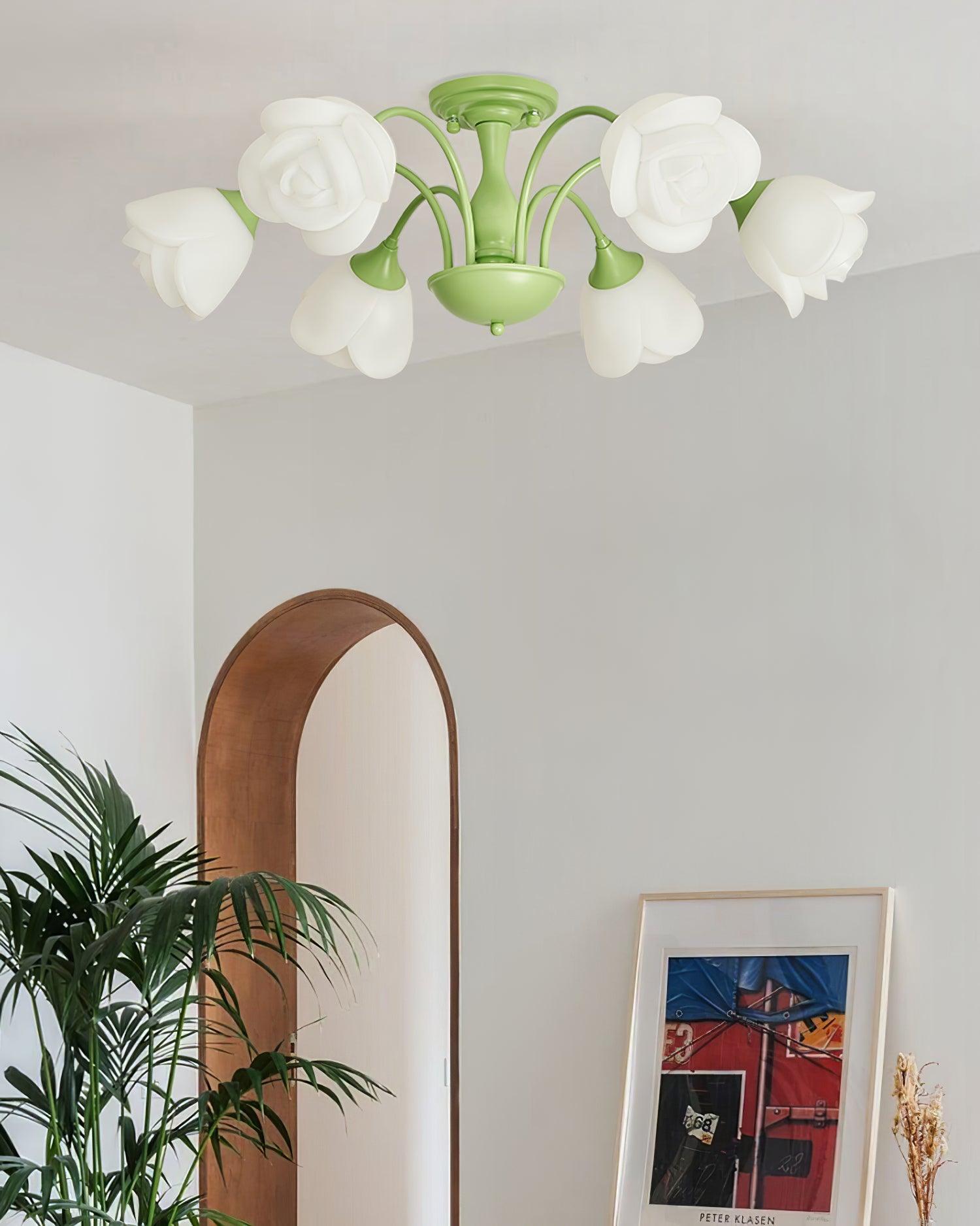 modern-floral-rose-petal-flush-mount-ceiling-light-with-white-flower-shades-and-green-finish