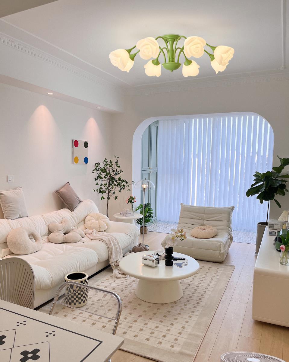 modern-floral-rose-petal-flush-mount-ceiling-light-with-white-flower-shades-and-green-finish