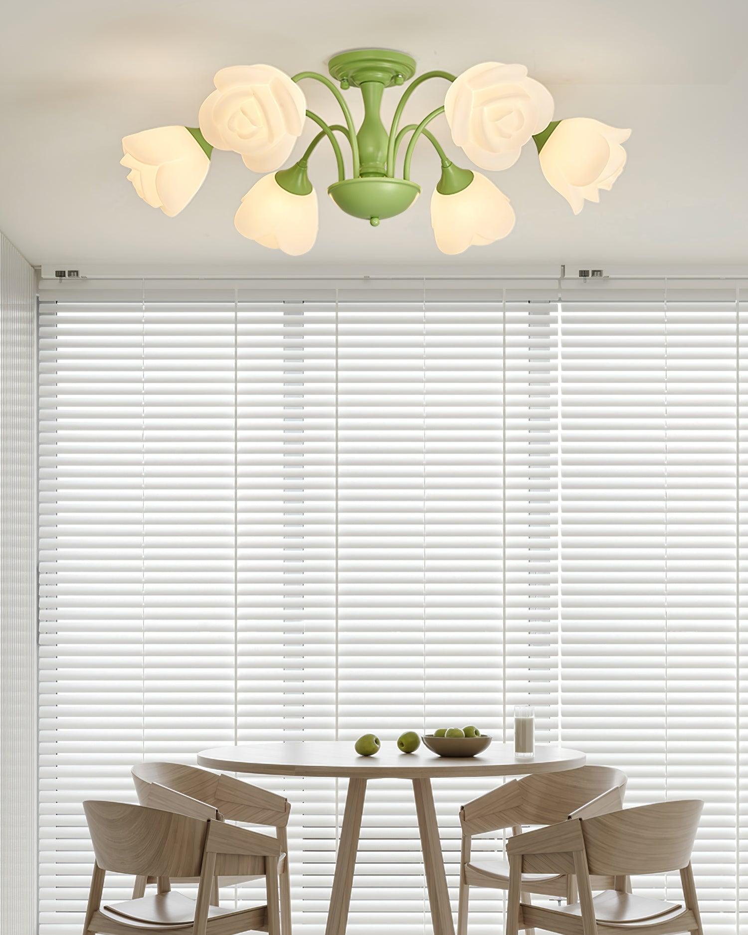 modern-floral-rose-petal-flush-mount-ceiling-light-with-white-flower-shades-and-green-finish