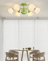 modern-floral-rose-petal-flush-mount-ceiling-light-with-white-flower-shades-and-green-finish