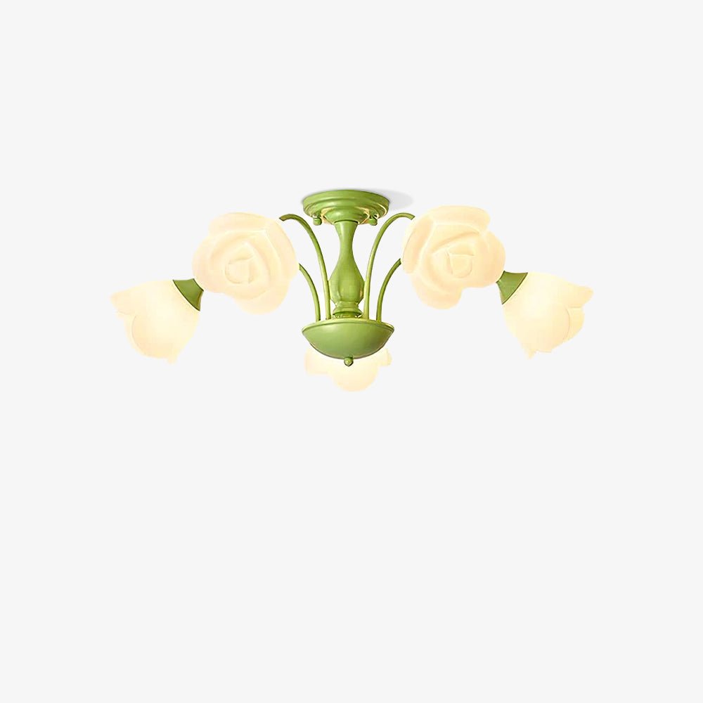 modern-floral-rose-petal-flush-mount-ceiling-light-with-white-flower-shades-and-green-finish