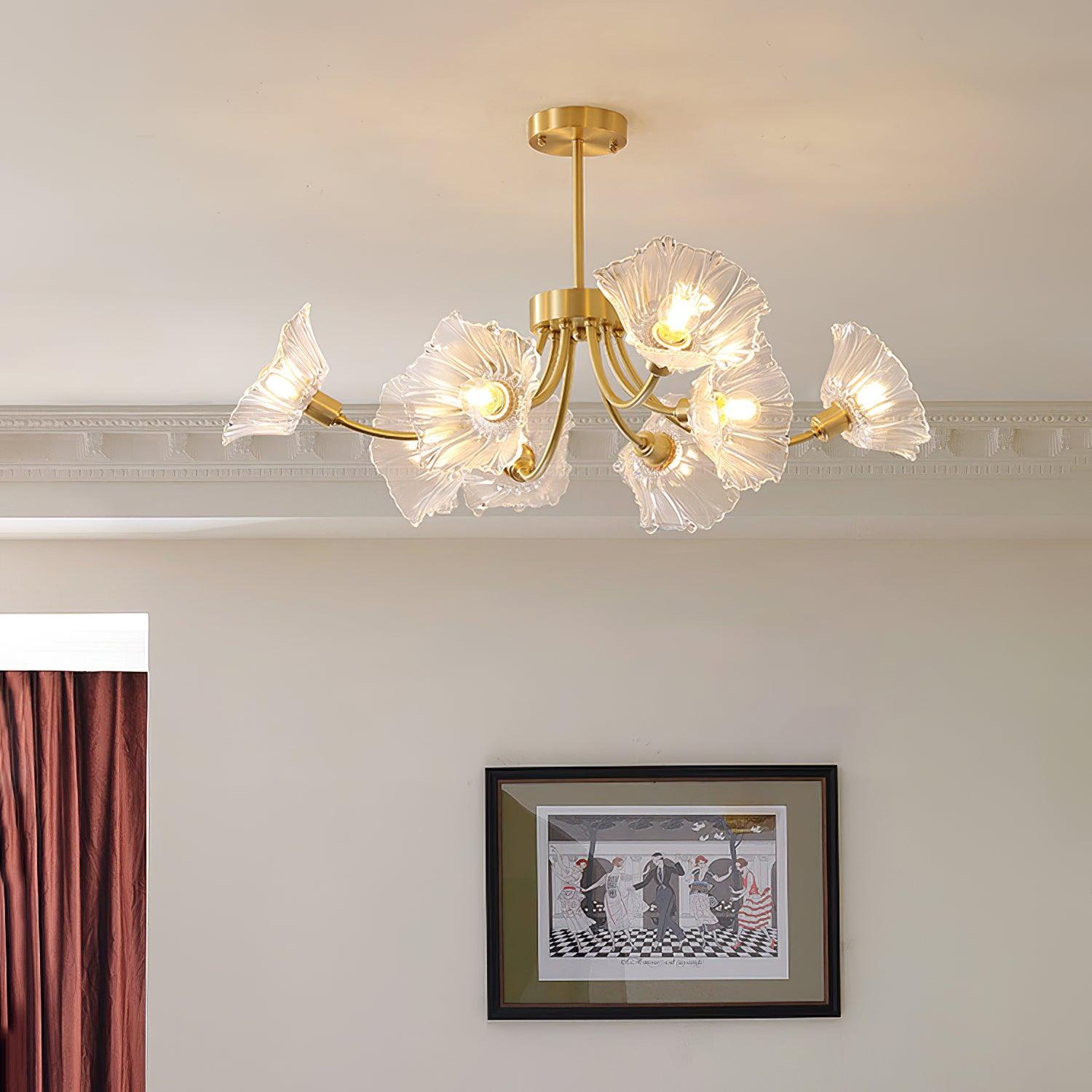 Modern Flower Glass Brass Chandelier Elegant Floral Ceiling Light Fixture for Living Room