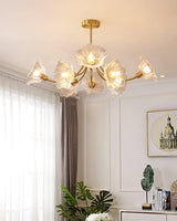 Modern Flower Glass Brass Chandelier Elegant Floral Ceiling Light Fixture for Living Room