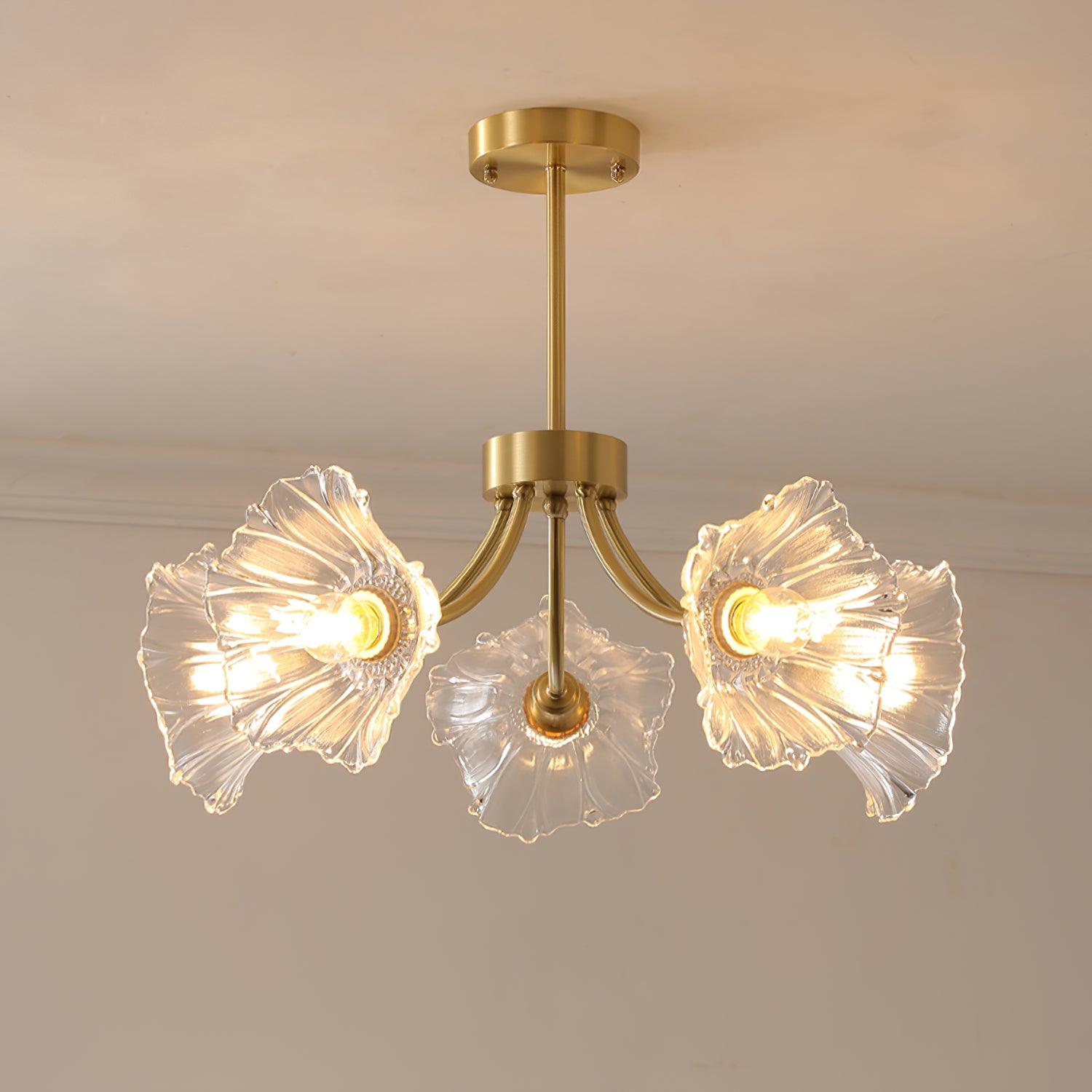 Modern Flower Glass Brass Chandelier Elegant Floral Ceiling Light Fixture for Living Room