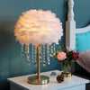 Modern Fluffy Feather Table Lamp with Crystal Tassels and Brass Base LED Bedside Lighting