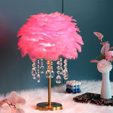 Modern Fluffy Feather Table Lamp with Crystal Tassels and Brass Base LED Bedside Lighting