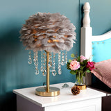 Modern Fluffy Feather Table Lamp with Crystal Tassels and Brass Base LED Bedside Lighting