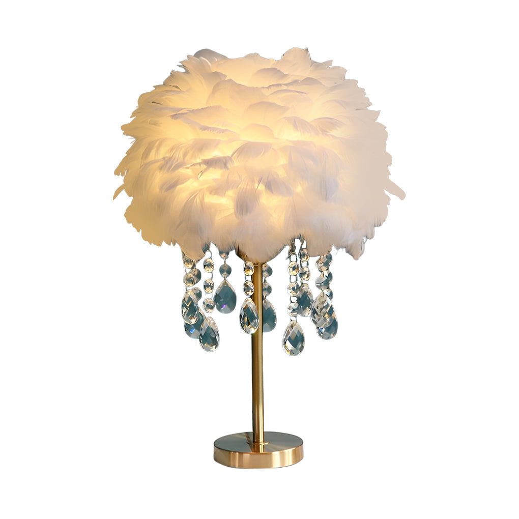 Modern Fluffy Feather Table Lamp with Crystal Tassels and Brass Base LED Bedside Lighting