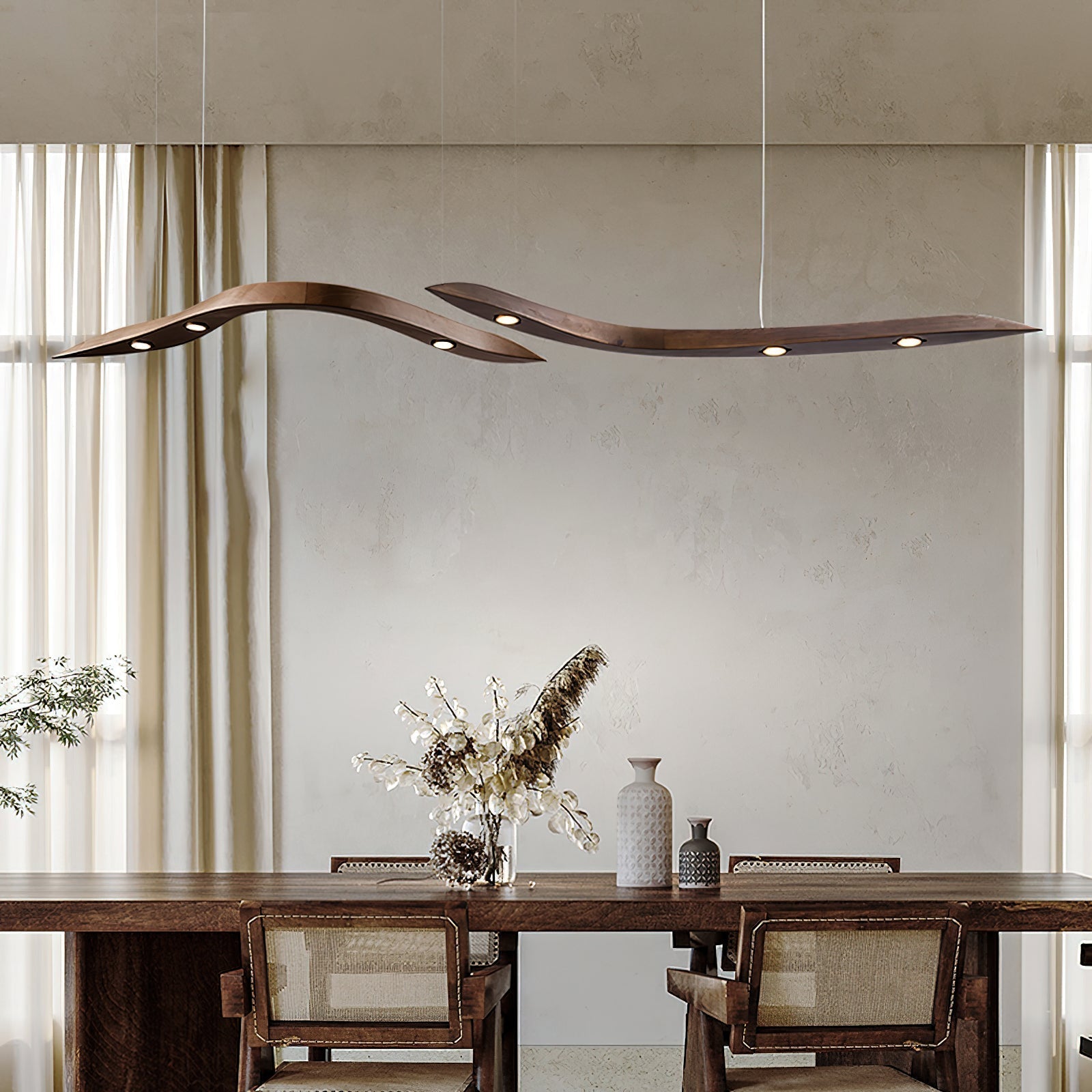 Modern Fluid Wood LED Pendant Light Waveform Architectural Hanging Chandelier Lamp