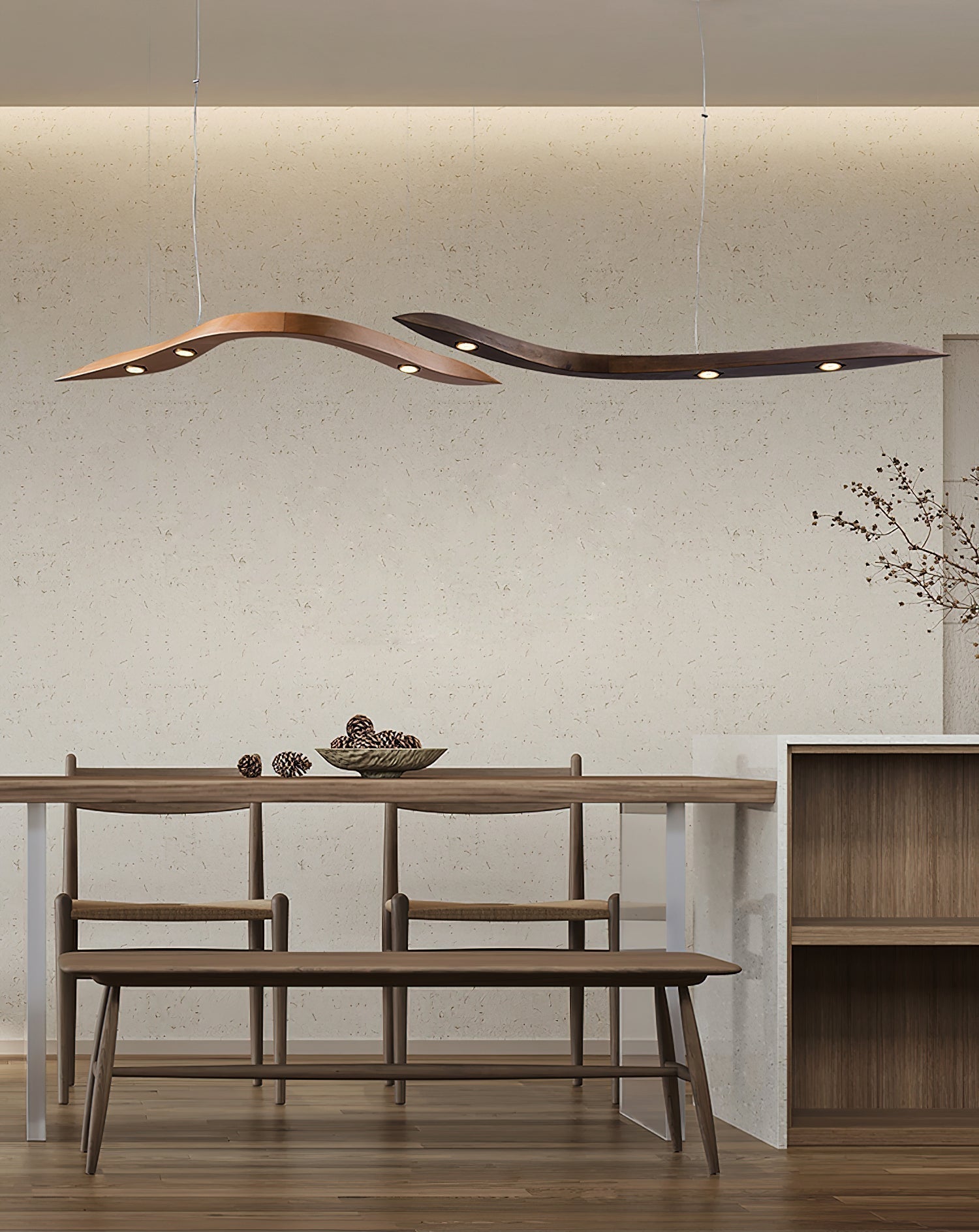 Modern Fluid Wood LED Pendant Light Waveform Architectural Hanging Chandelier Lamp