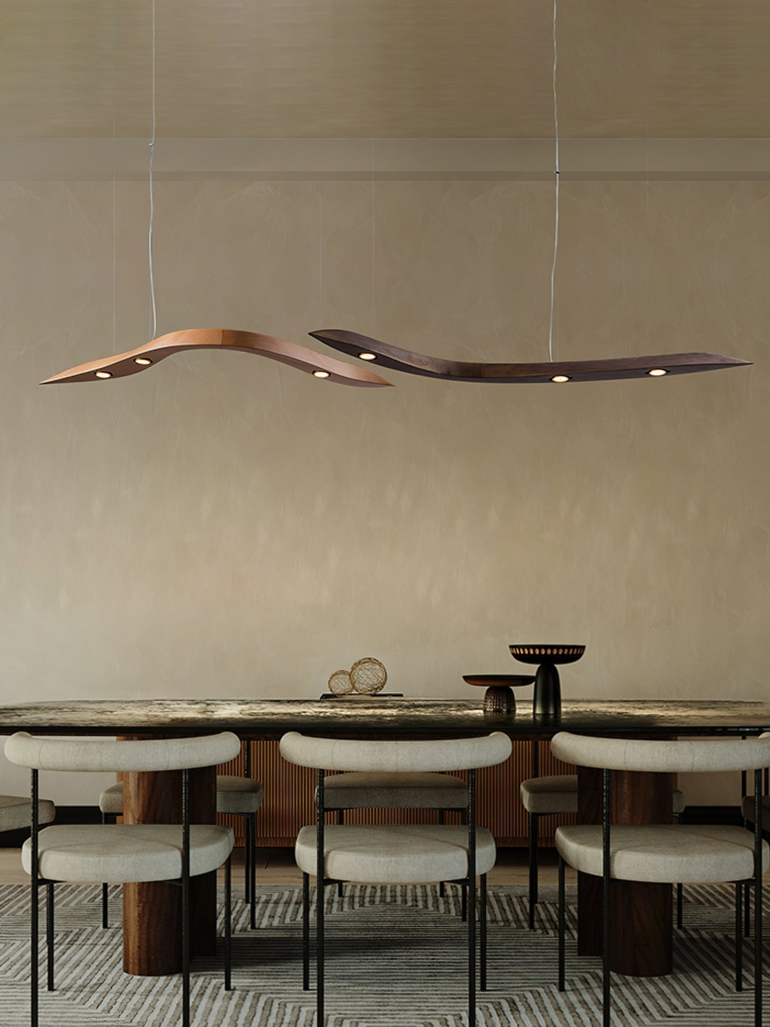 Modern Fluid Wood LED Pendant Light Waveform Architectural Hanging Chandelier Lamp