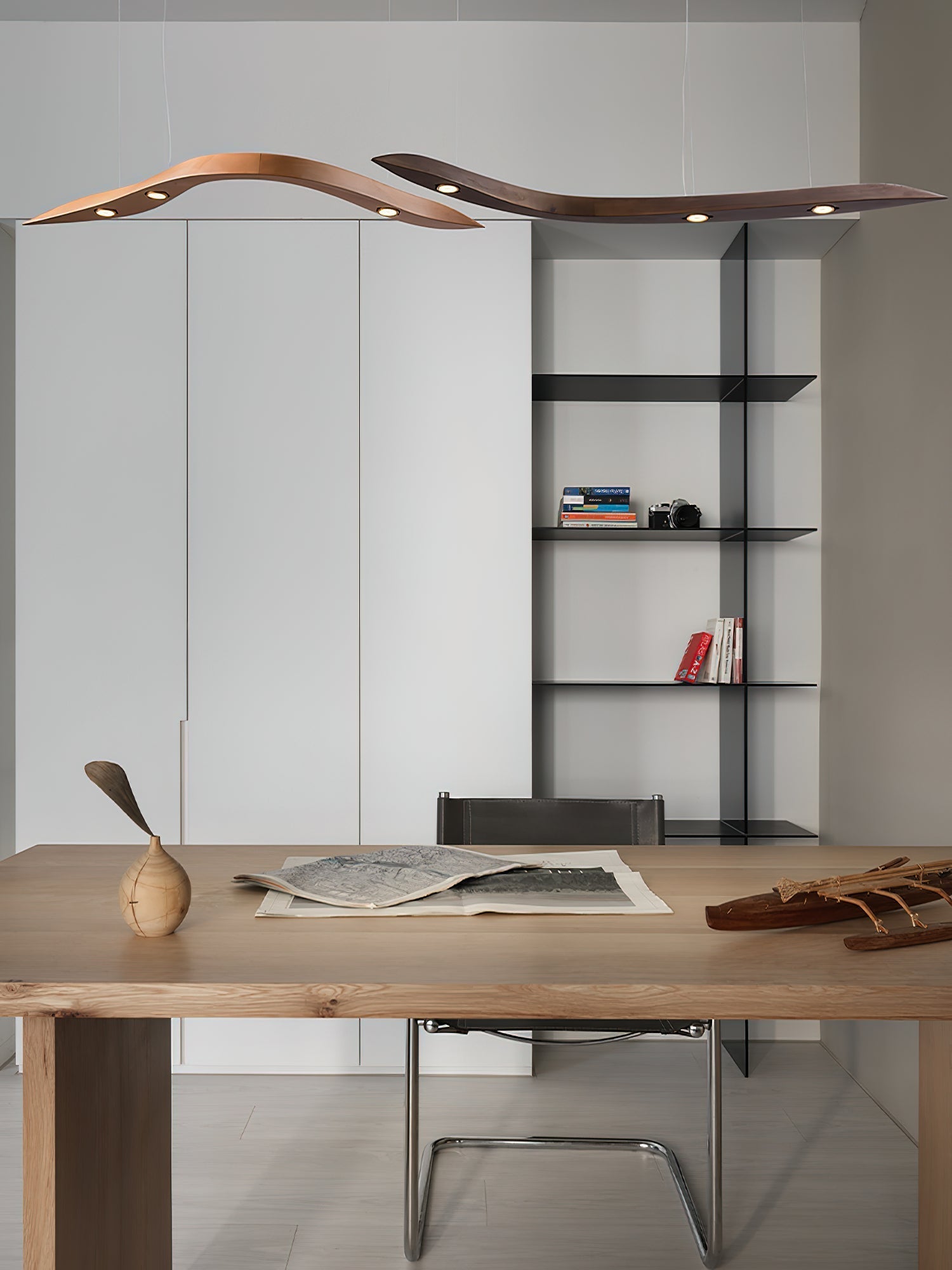 Modern Fluid Wood LED Pendant Light Waveform Architectural Hanging Chandelier Lamp