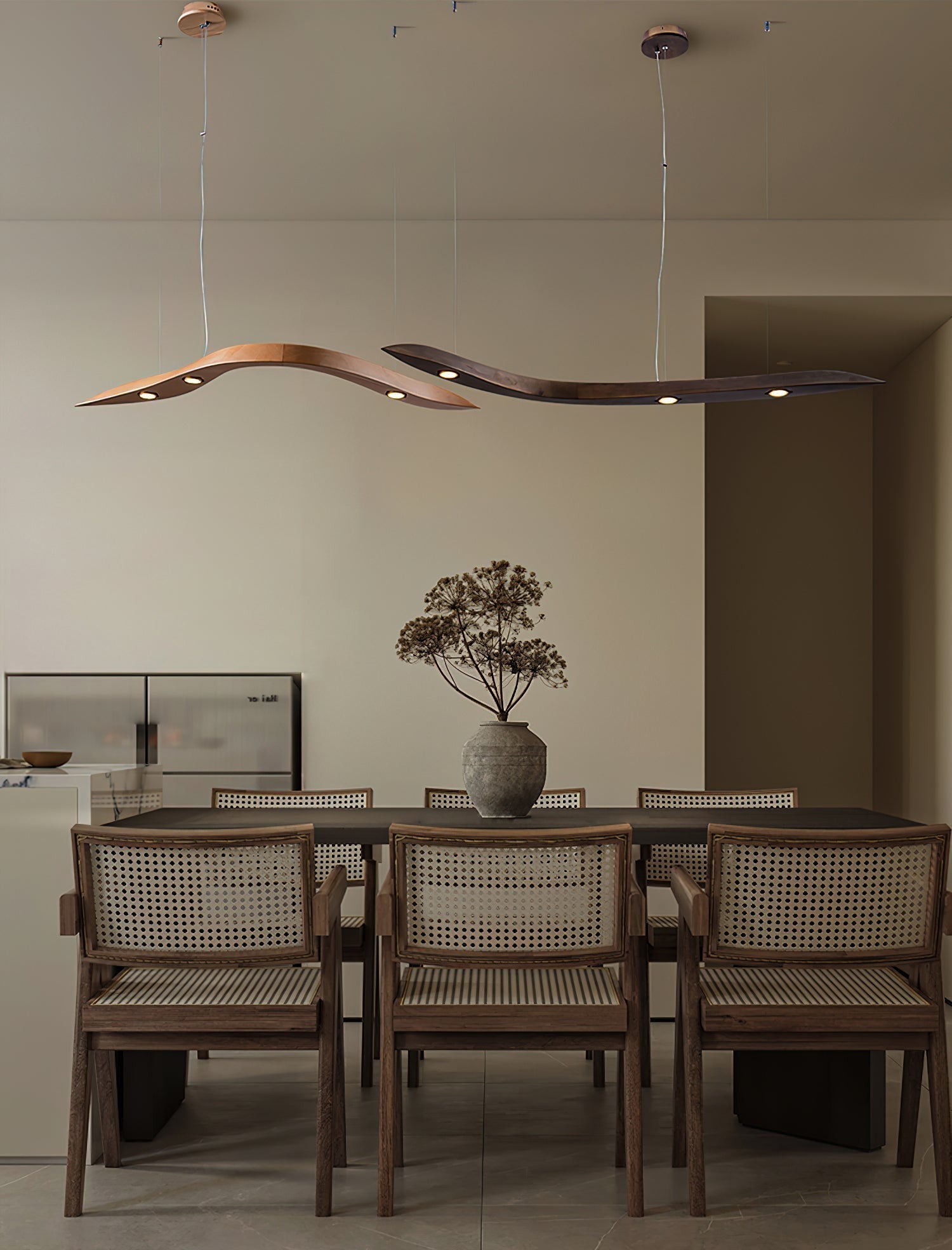 Modern Fluid Wood LED Pendant Light Waveform Architectural Hanging Chandelier Lamp