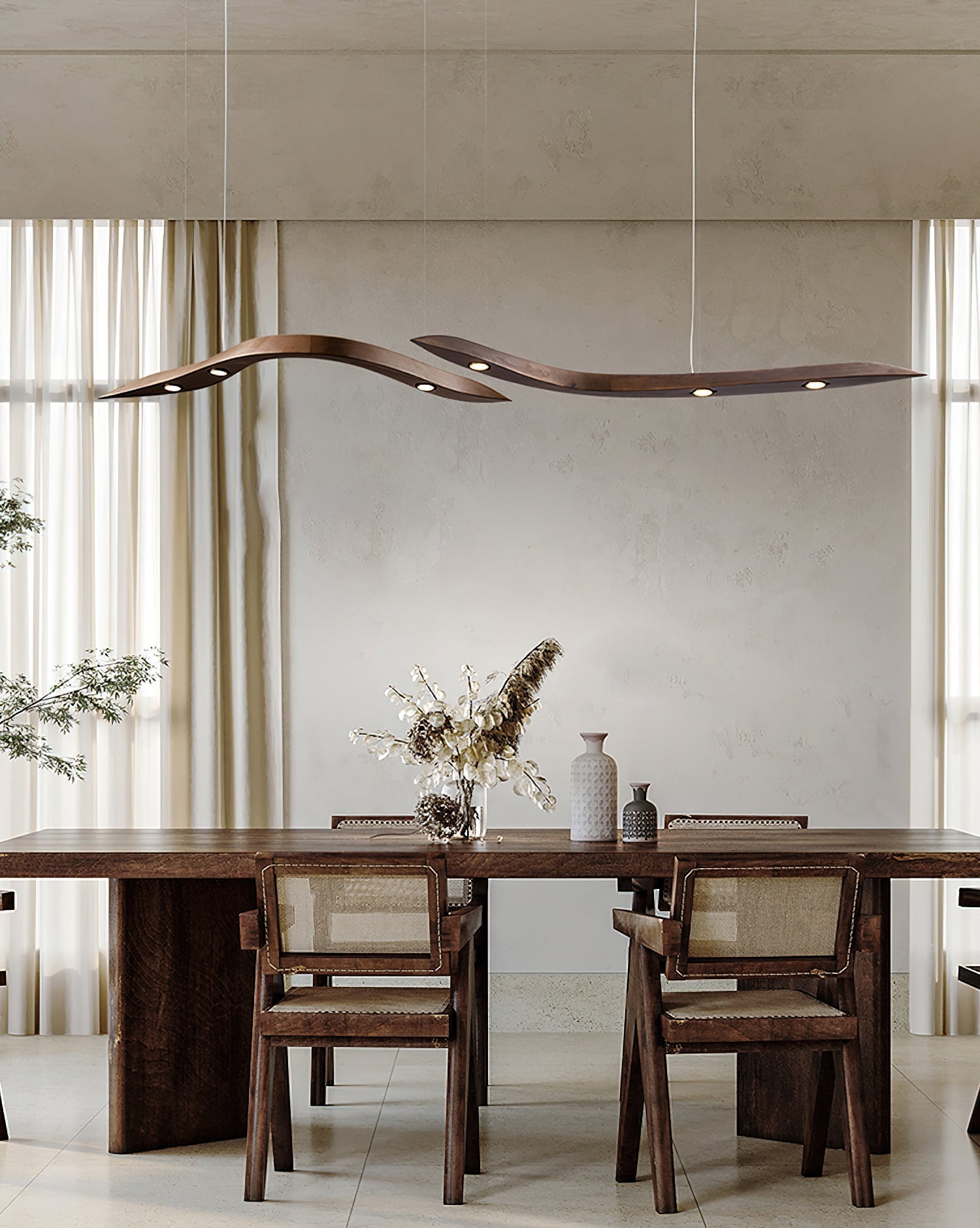 Modern Fluid Wood LED Pendant Light Waveform Architectural Hanging Chandelier Lamp