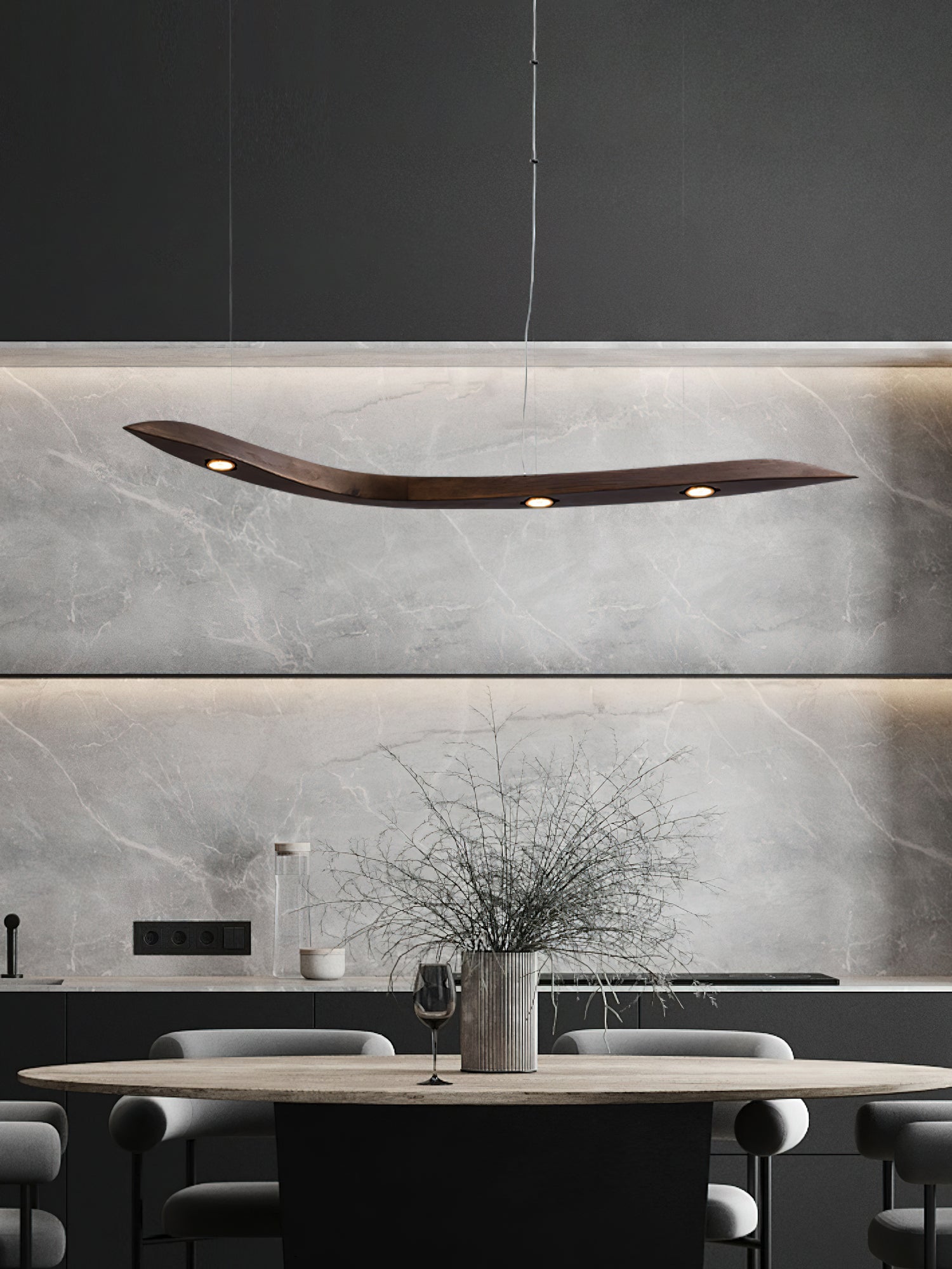 Modern Fluid Wood LED Pendant Light Waveform Architectural Hanging Chandelier Lamp