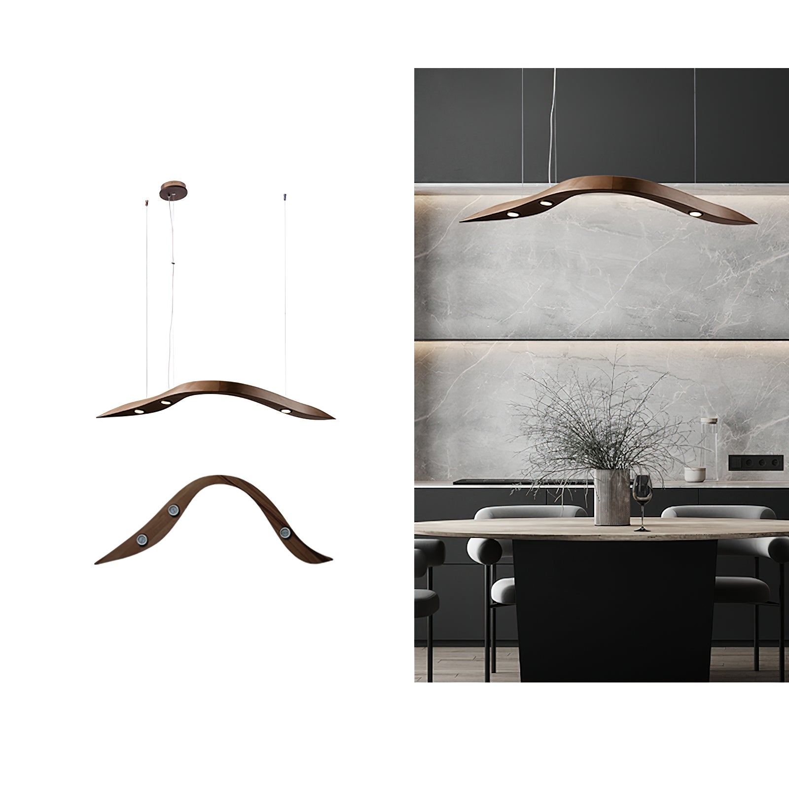 Modern Fluid Wood LED Pendant Light Waveform Architectural Hanging Chandelier Lamp