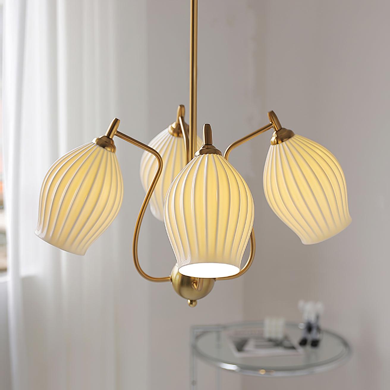 Modern Fluted Ceramic Ribbed Chandelier Multi Light Glass Gasolier Ceiling Fixture