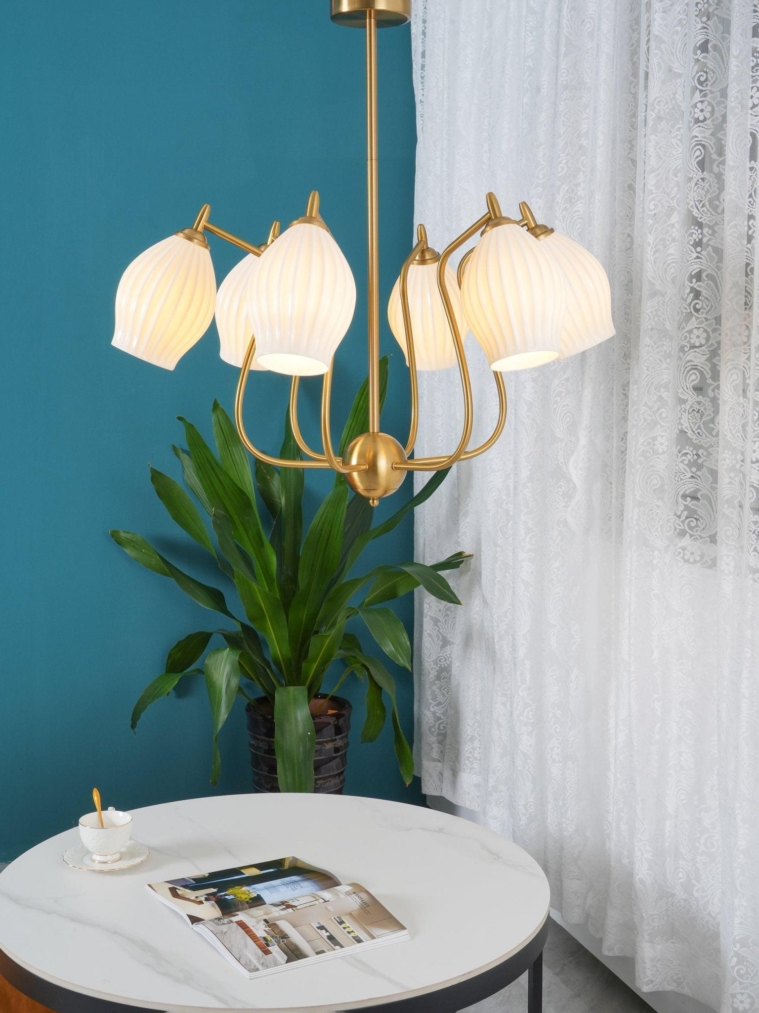 Modern Fluted Ceramic Ribbed Chandelier Multi Light Glass Gasolier Ceiling Fixture