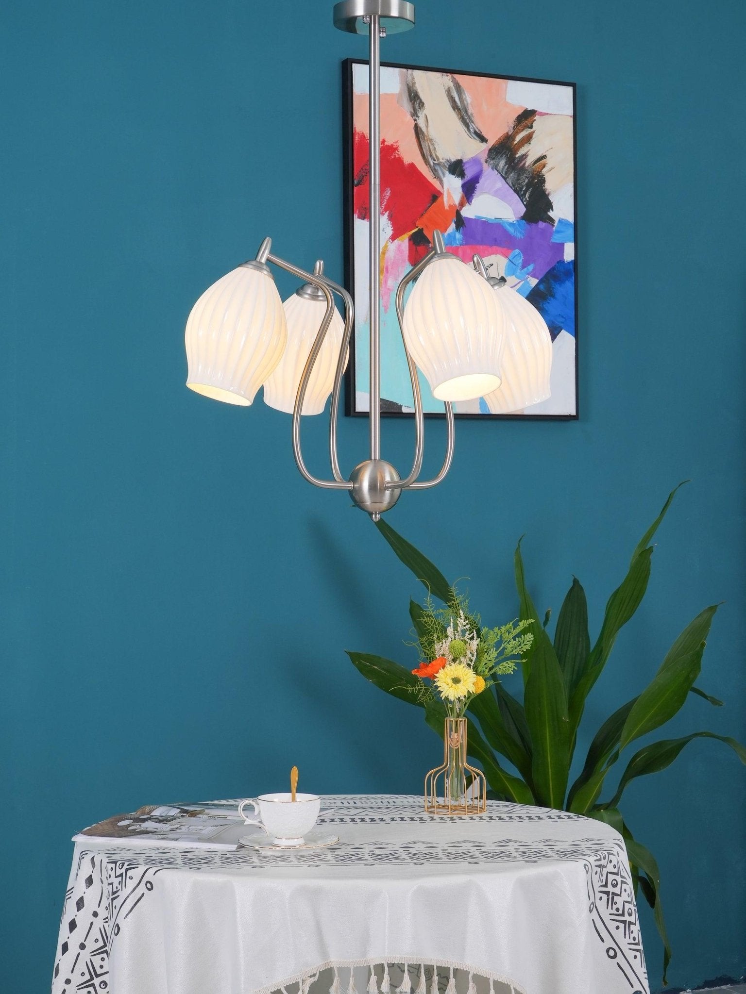 Modern Fluted Ceramic Ribbed Chandelier Multi Light Glass Gasolier Ceiling Fixture