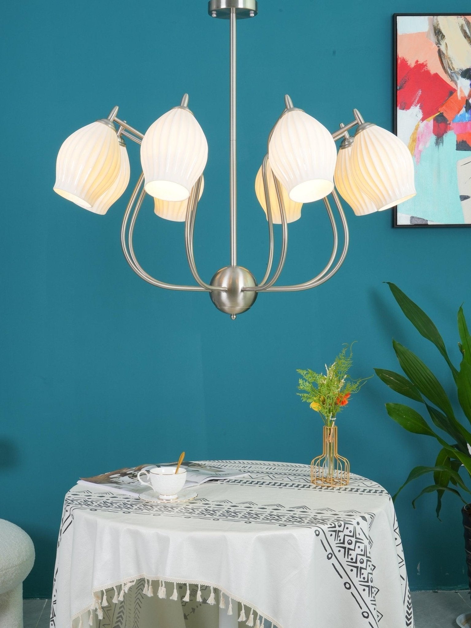 Modern Fluted Ceramic Ribbed Chandelier Multi Light Glass Gasolier Ceiling Fixture