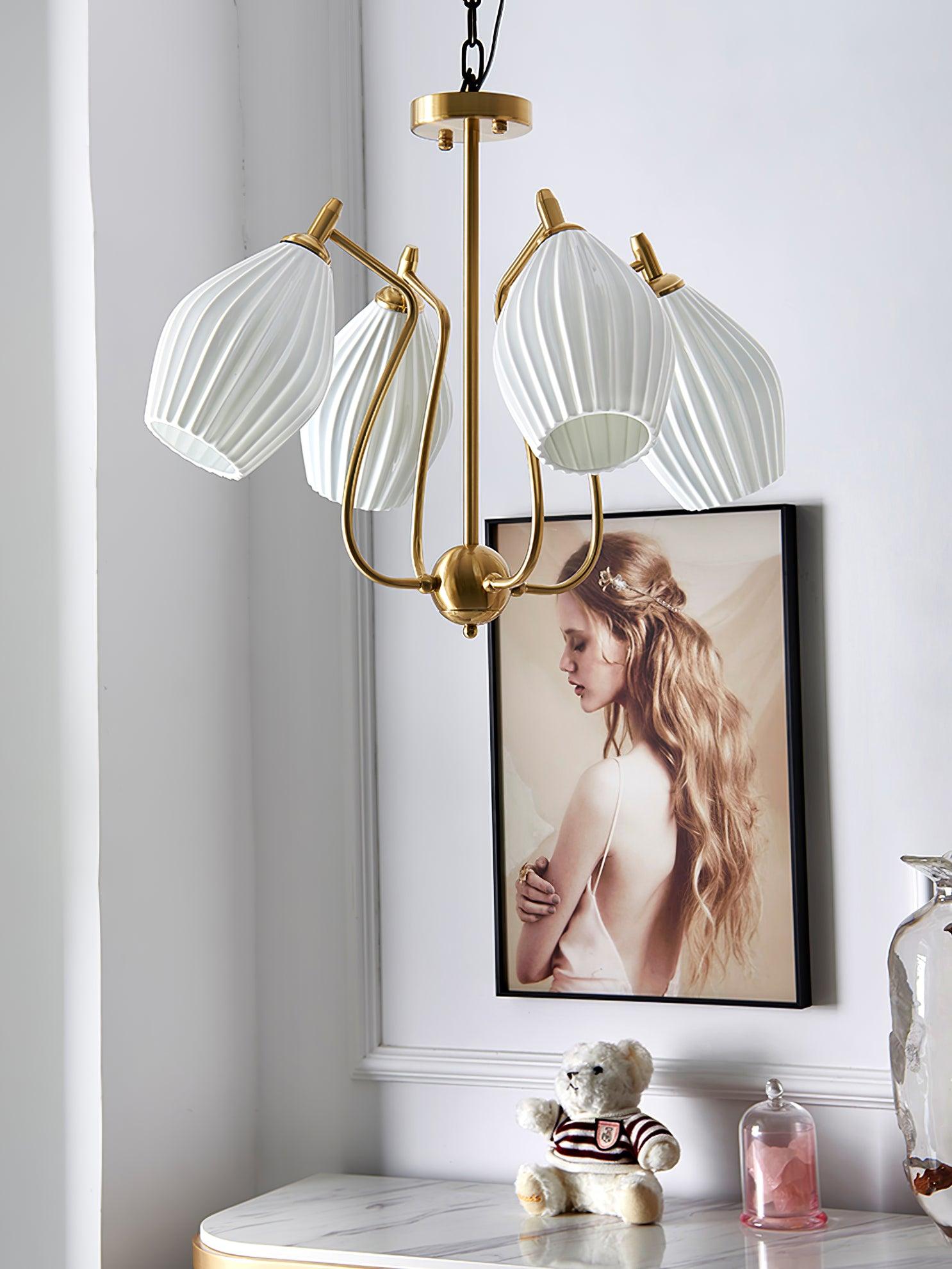 Modern Fluted Ceramic Ribbed Chandelier Multi Light Glass Gasolier Ceiling Fixture