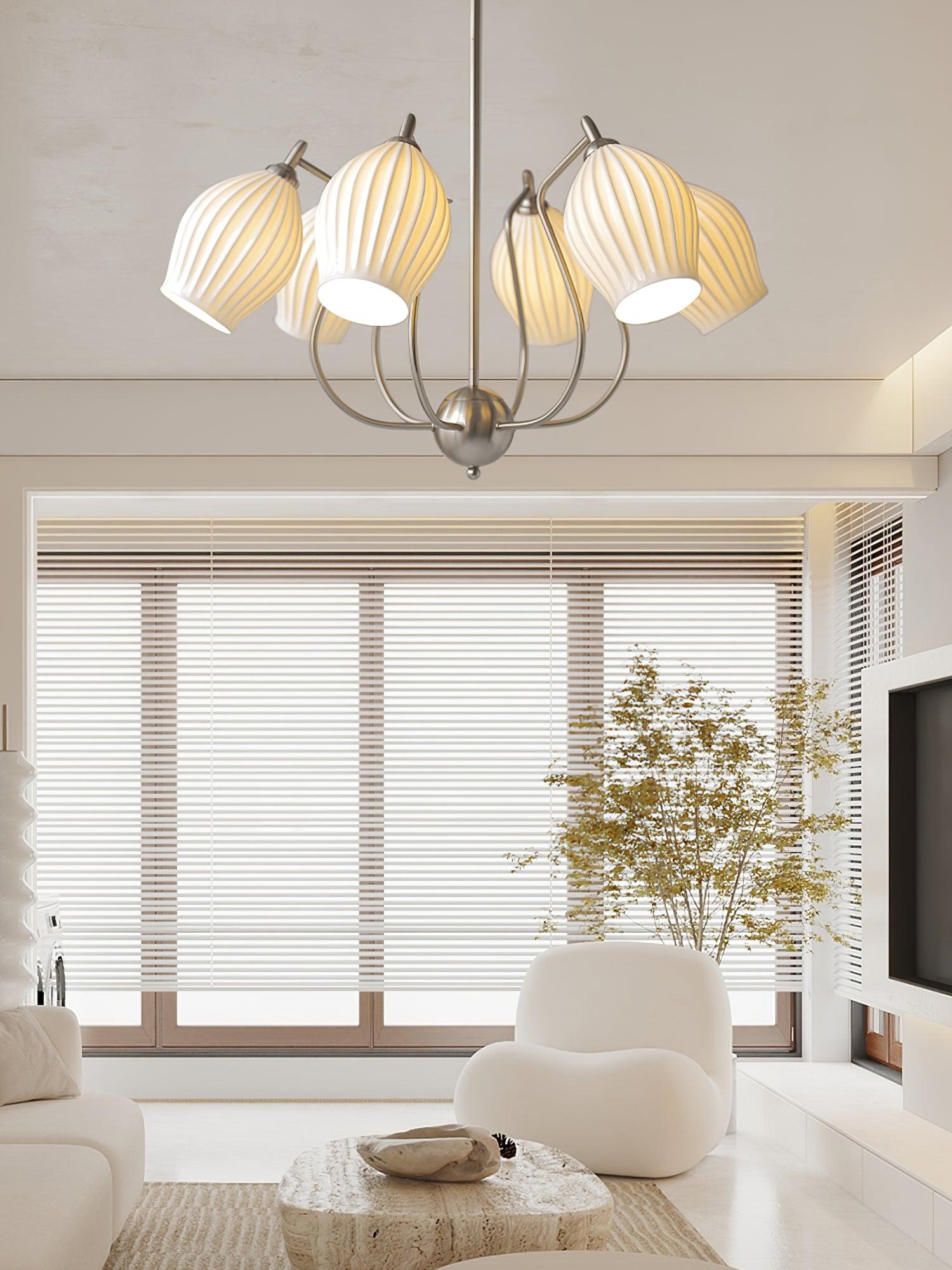 Modern Fluted Ceramic Ribbed Chandelier Multi Light Glass Gasolier Ceiling Fixture