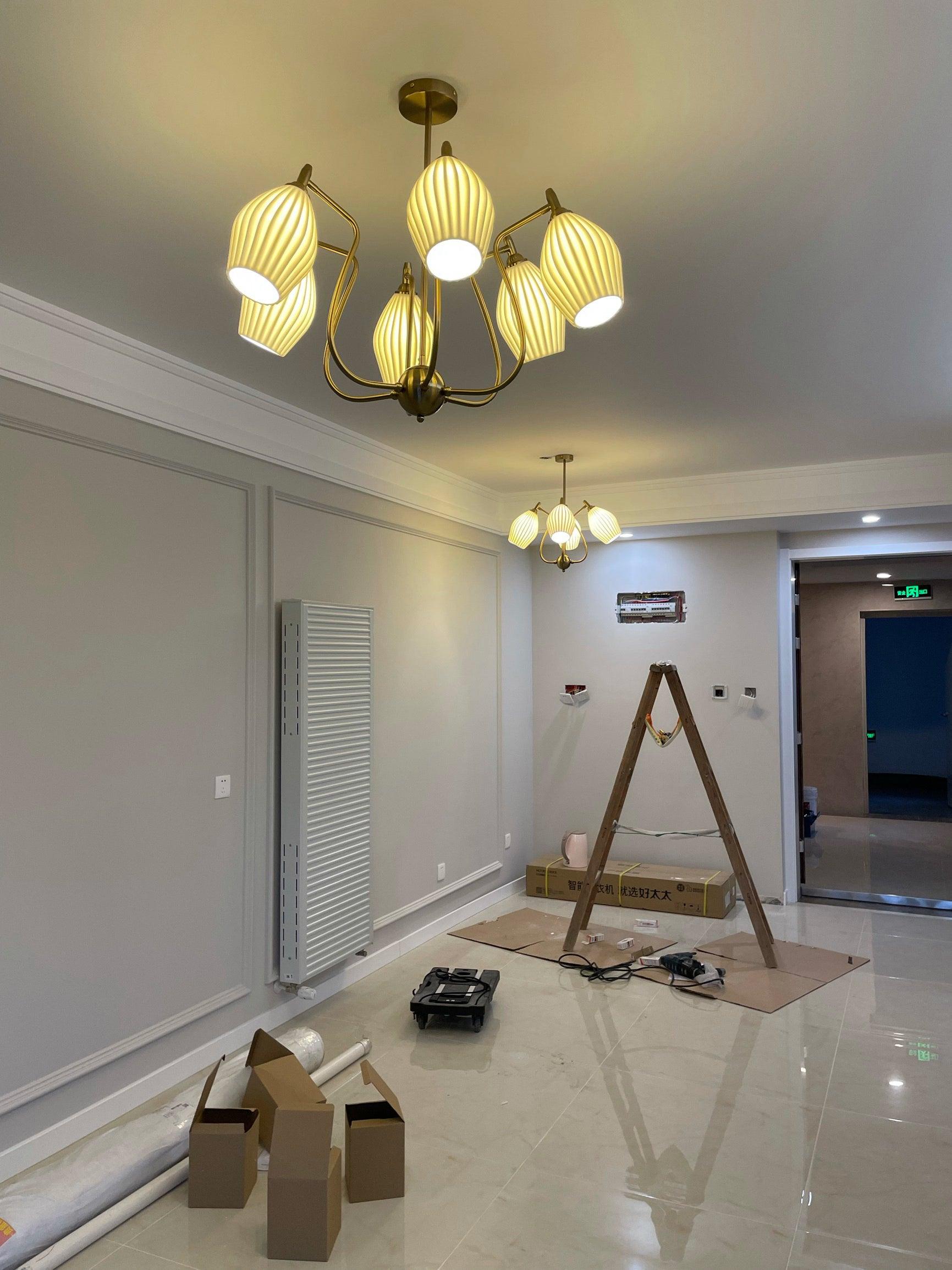 Modern Fluted Ceramic Ribbed Chandelier Multi Light Glass Gasolier Ceiling Fixture