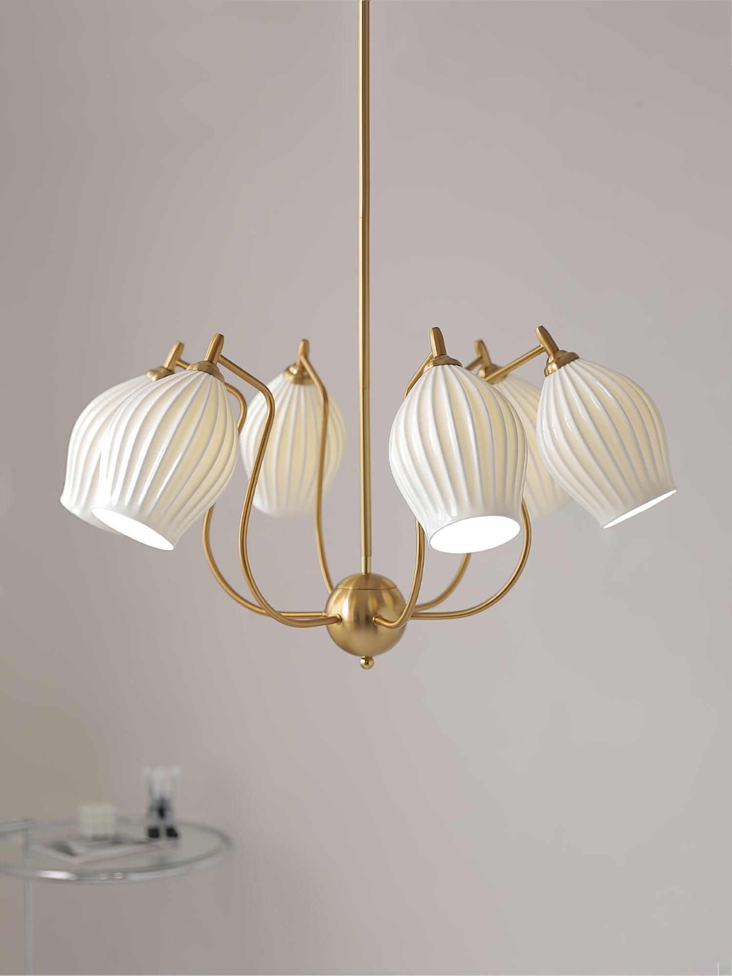 Modern Fluted Ceramic Ribbed Chandelier Multi Light Glass Gasolier Ceiling Fixture