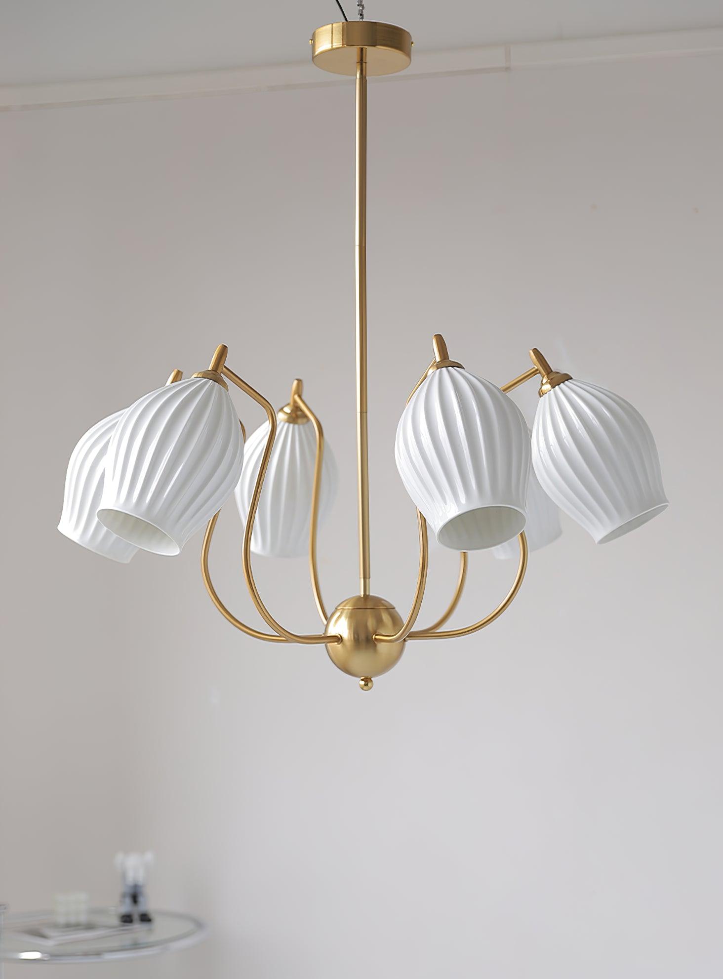 Modern Fluted Ceramic Ribbed Chandelier Multi Light Glass Gasolier Ceiling Fixture