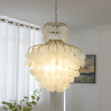 Modern French Retro Tiered Capiz Shell Chandelier with Crystal Accents for Dining Room