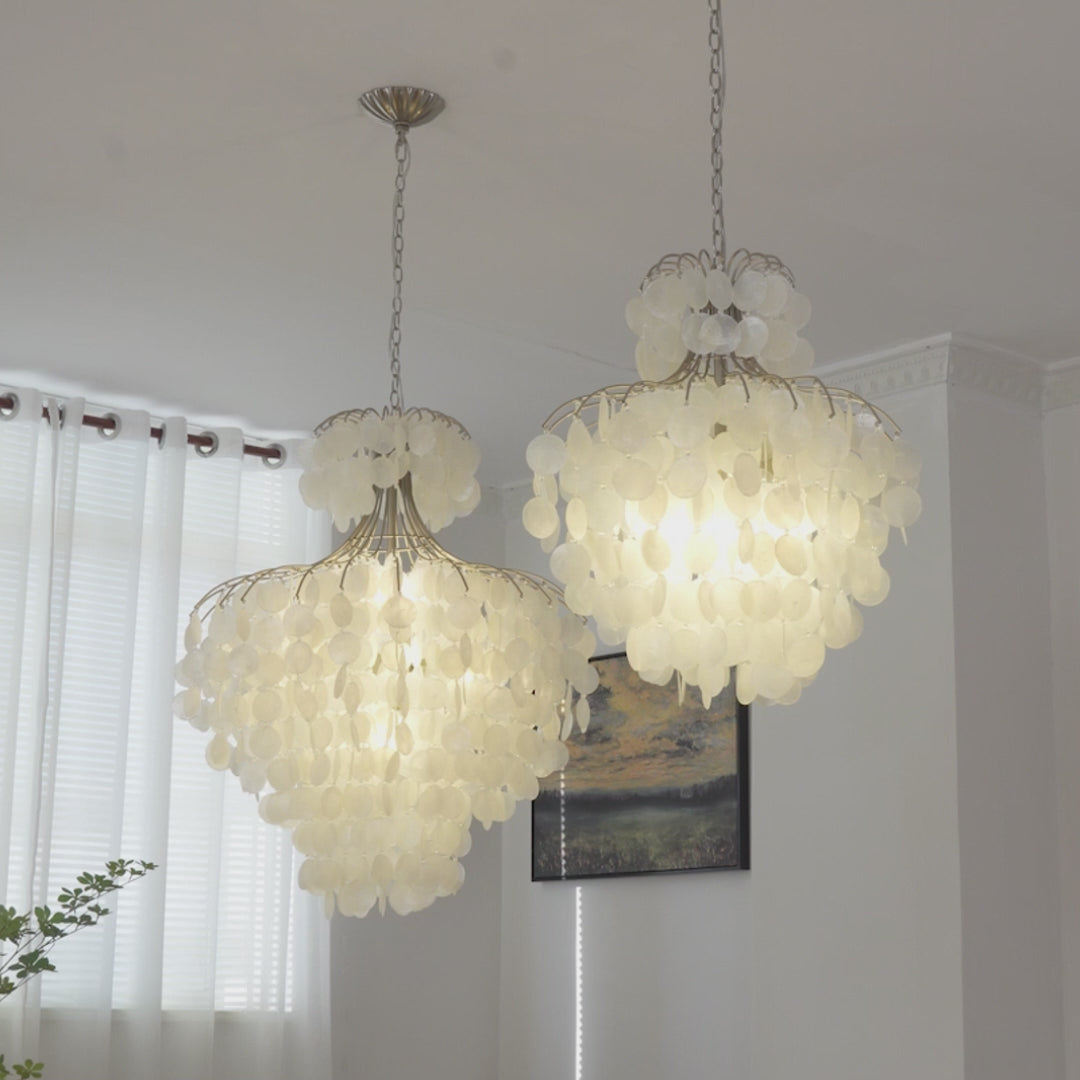 Modern French Retro Tiered Capiz Shell Chandelier with Crystal Accents for Dining Room
