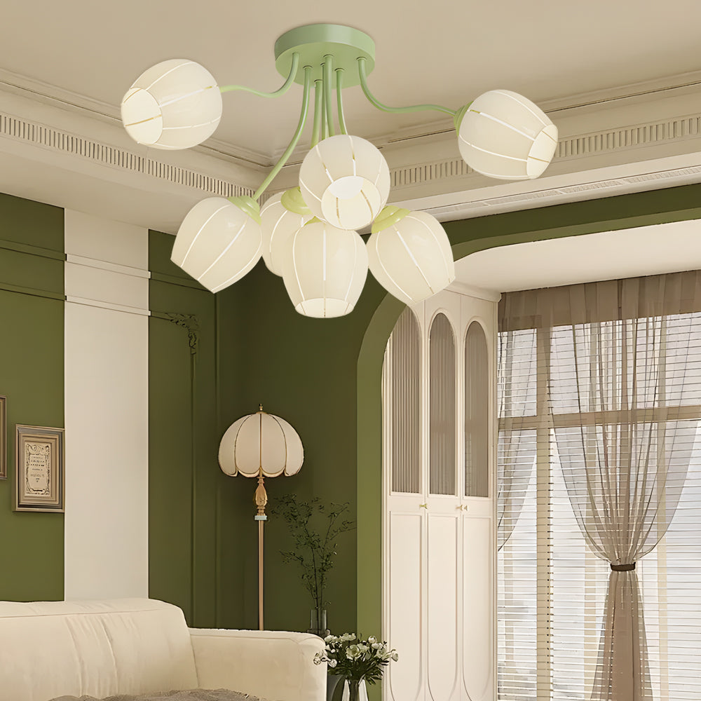 Modern French Style 7 Light Floral Chandelier Green and White Flower Design Ceiling Fixture