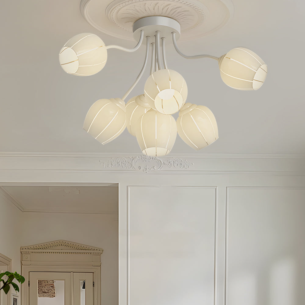 Modern French Style 7 Light Floral Chandelier Green and White Flower Design Ceiling Fixture
