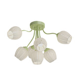 Modern French Style 7 Light Floral Chandelier Green and White Flower Design Ceiling Fixture