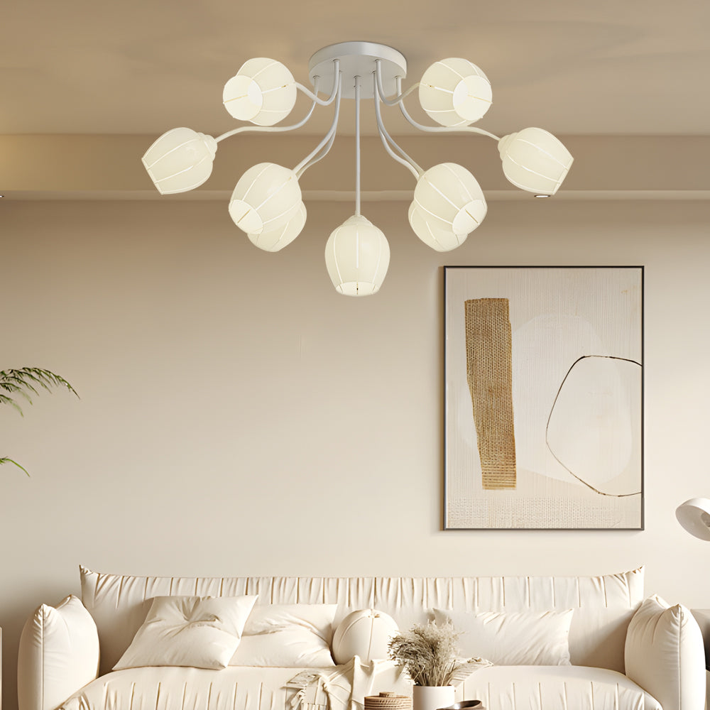 Modern French Style Floral Ceiling Light with 10 Heads and Three Step Dimming Flower Glass Shades