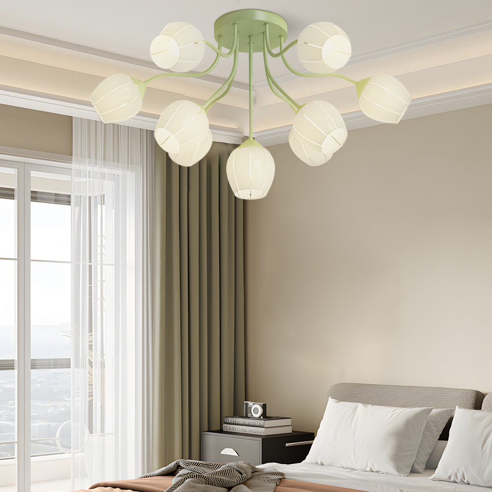 Modern French Style Floral Ceiling Light with 10 Heads and Three Step Dimming Flower Glass Shades